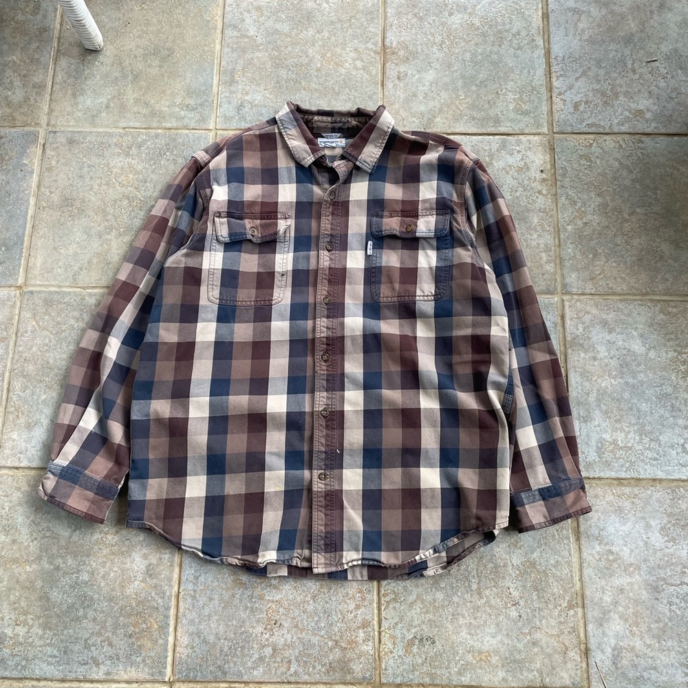 Carhartt Plaid Cotton Work Shirt Size XL Workwear Heavyweight Brown